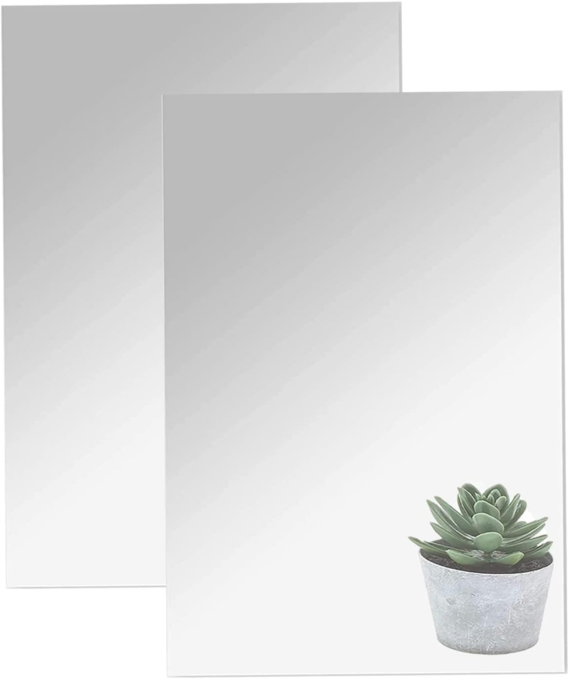 darenyi-16-x-12-acrylic-mirror-sheets-2-pack-flexible-decorative-wall-mirrors-01 Two rectangular 16x12 inch DARENYI acrylic mirror sheets with adhesive backing, reflecting a room interior.