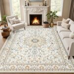 ExpediX 5x7 beige area rug with a vintage medallion pattern, soft texture, and non-slip backing, placed in a living room.