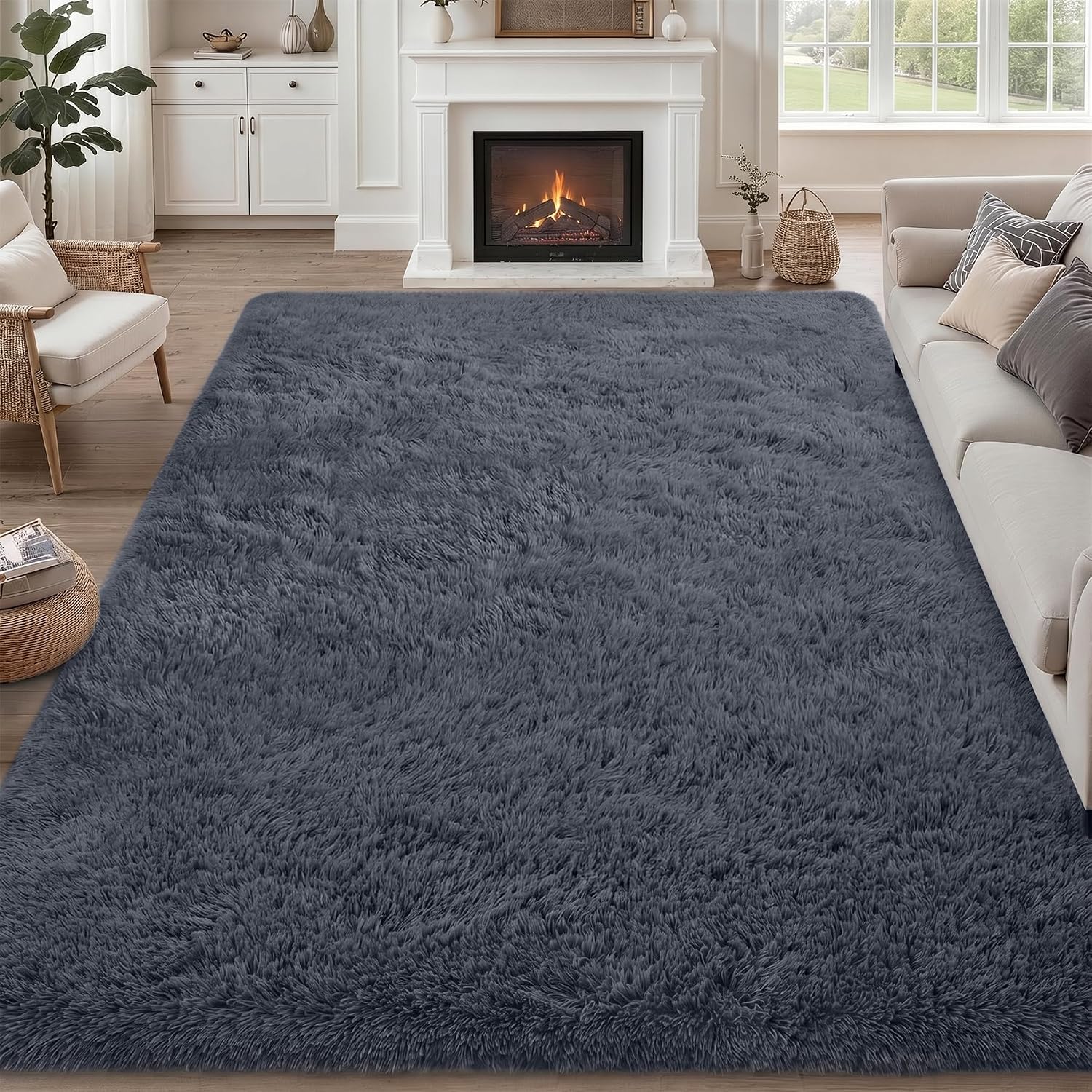 luxturiy-grey-8-x-10-fluffy-shag-area-rug-for-living-room-bedroom-01 A soft, plush grey 8x10 shag area rug from Luxturiy, laid out in a modern living room setting.