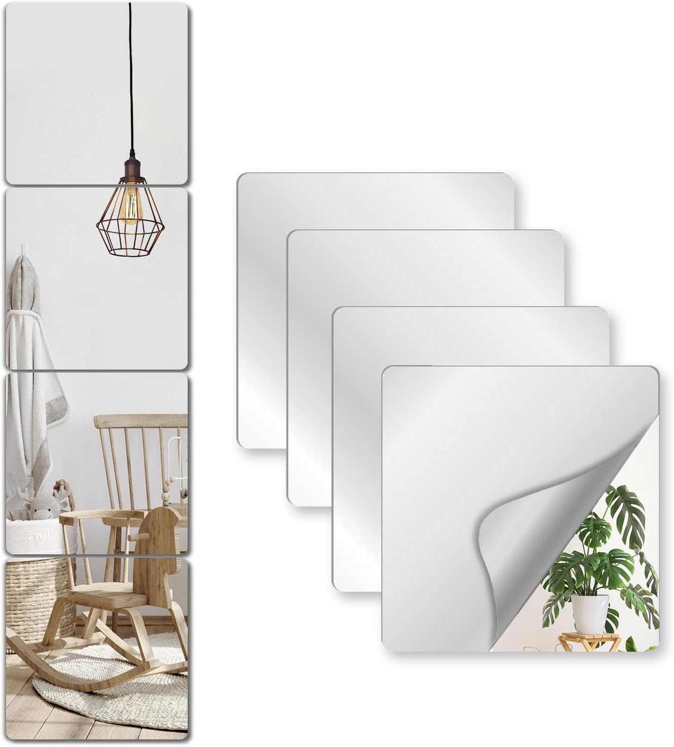 nkjve-4-pack-unbreakable-8x8-self-adhesive-mirror-tiles-for-kids-home-decor-01 Four 8x8 inch square silver NKJVE self-adhesive mirror tiles shown in a set, ready for peel and stick application.
