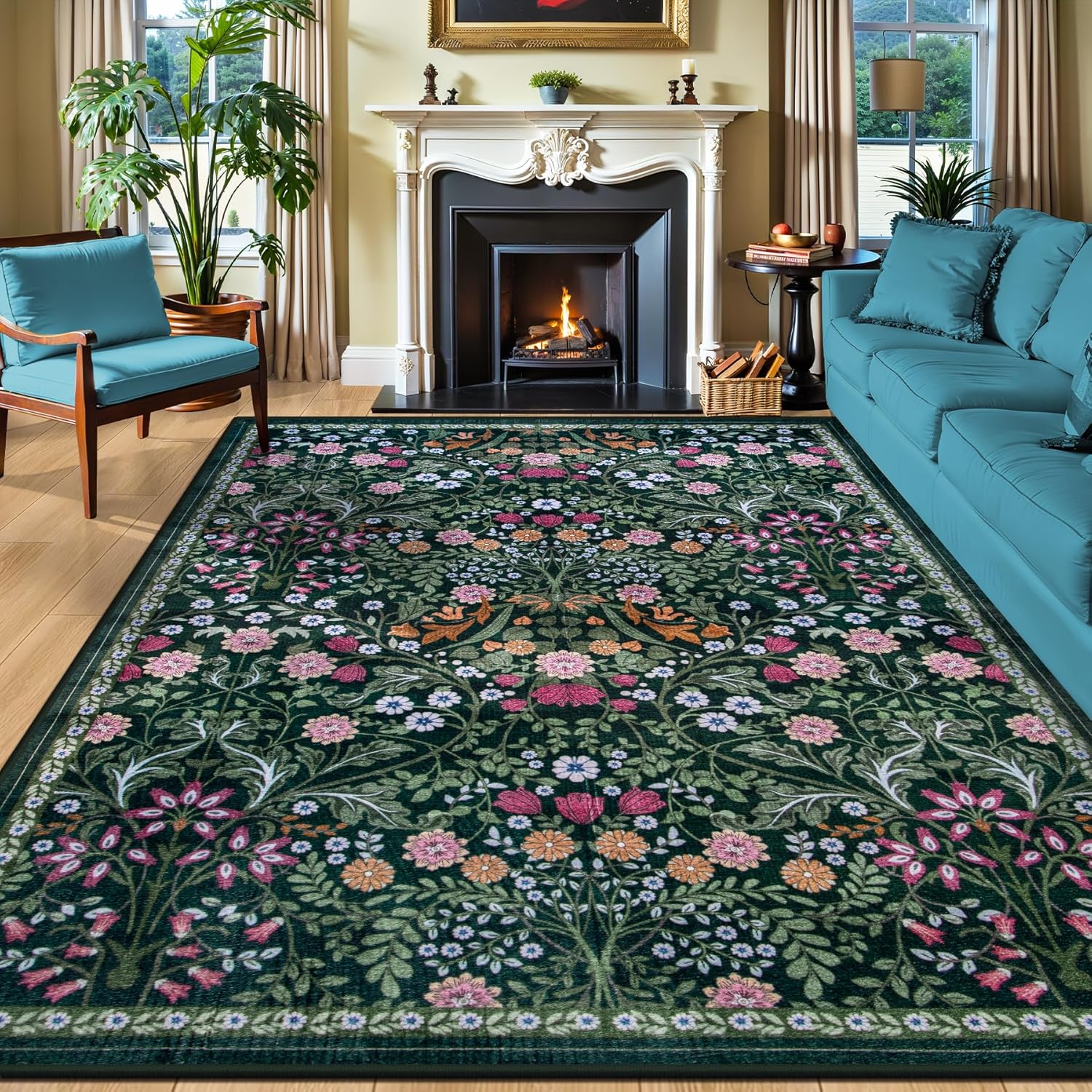 plhxfr-vintage-floral-8x10-area-rug-dark-green-washable-boho-carpet-01 A dark green 8x10 area rug with a vintage floral pattern, suitable for a living room or bedroom.