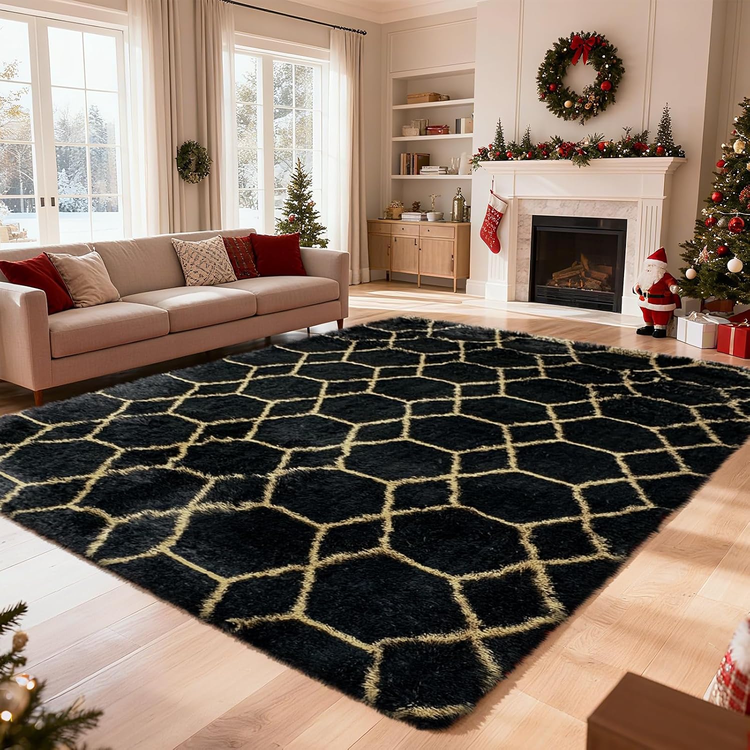 yulidayang-8x10-black-and-gold-geometric-shag-area-rug-ultra-soft-fluffy-carpet-01 An 8x10 yulidayang black and gold geometric shag area rug with a high, fluffy pile, laid out on a floor.