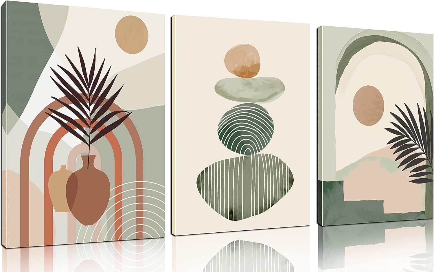 zhaoshop-boho-green-canvas-wall-art-set-3-piece-framed-decor-16-x-12-each-01 Three ZHAOSHOP boho-style green canvas wall art panels, each 16x12 inches, framed and ready to hang on a wall.
